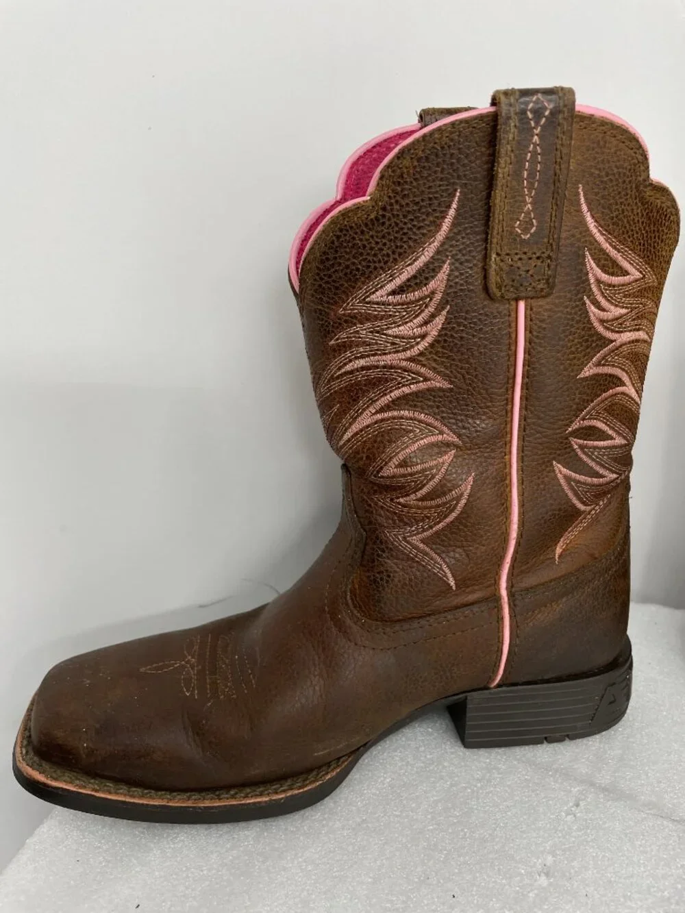 Ariat Firecatcher Leather Brown Pink Cowgirl Western Boots Youth Kids Girls 3.5